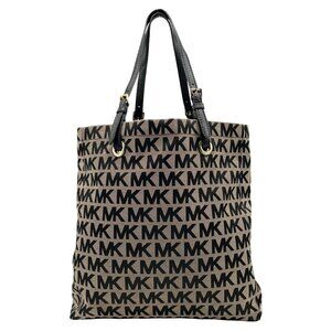 Michael Kors Khaki & Black Logo Print Canvas Jet Set Tote Bag